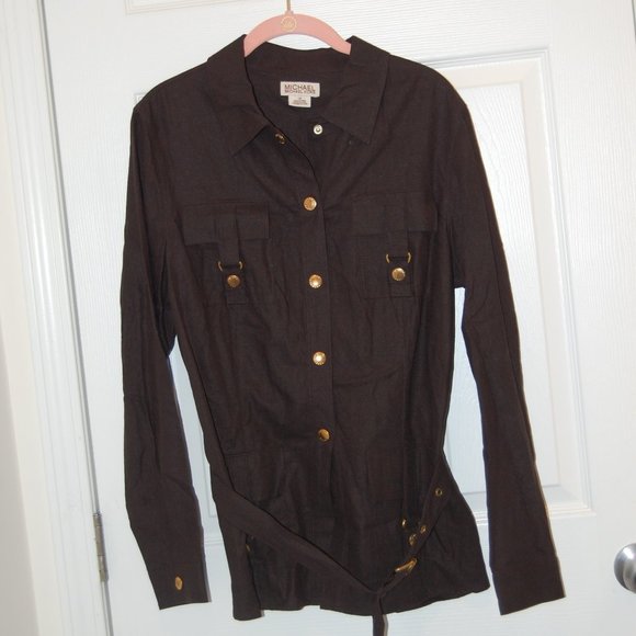Michael Kors Women's Brown Linen/Rayon Safari Style Jacket W/Belt Size 14 - Picture 3 of 11